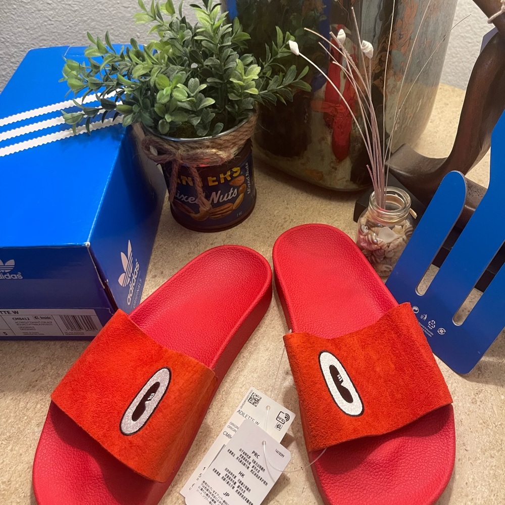adidas Womens WMNS Adilette Suede Slide 'Cartoon Eye' Active Core Red Slides